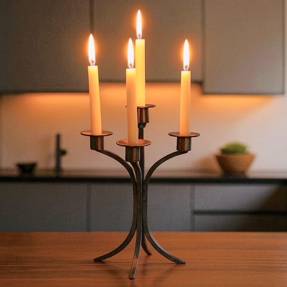 Vintage Art Deco Iron Triple Taper Candle Holder Great Patina Candelabra - Picture 4 of 6